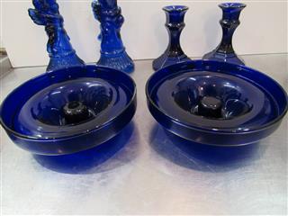 VINTAGE LOT OF 7 COBALT BLUE GLASS CANDLE HOLDERS